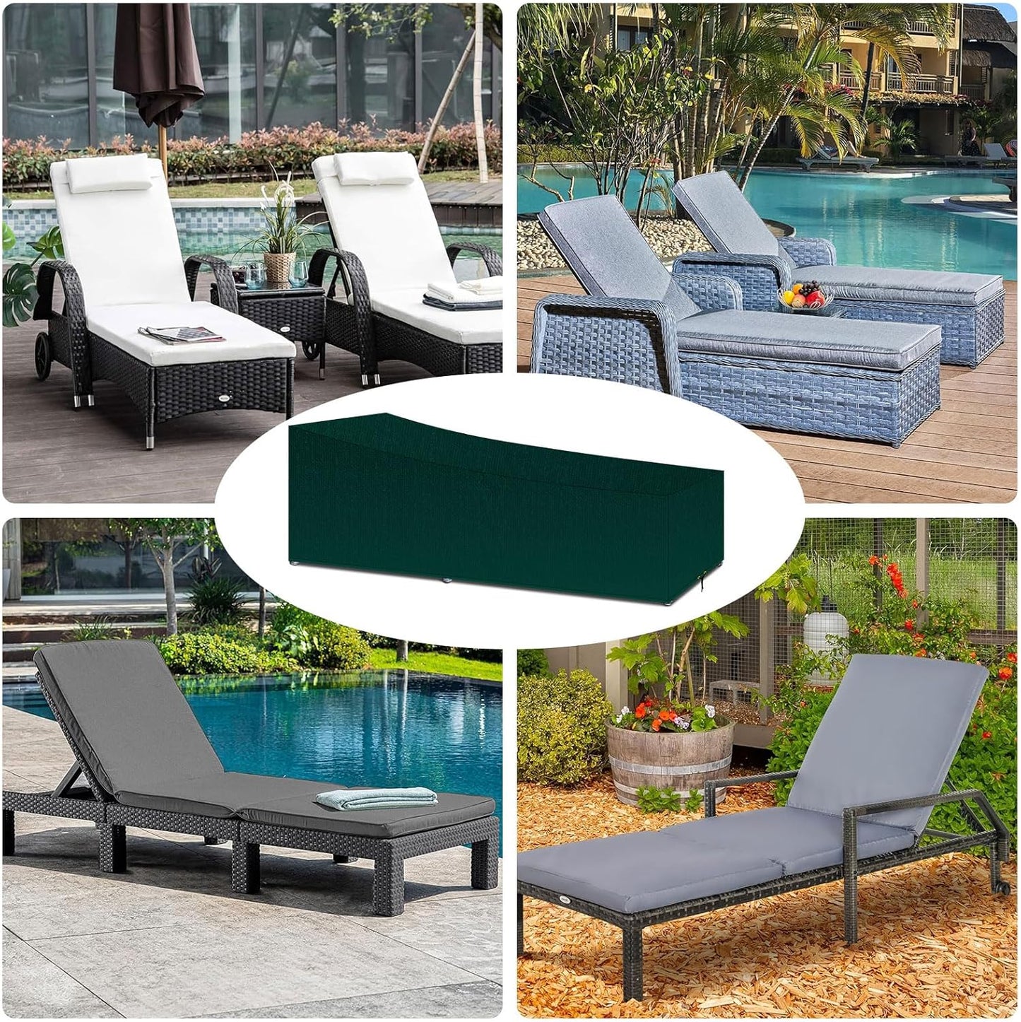Sun Lounger Covers Waterproof, Polyethylene Fabric Material Lounger Chair Cover Outdoor Garden Sunbed Cover Windproof Anti-Uv 220X80X35/55Cm Green