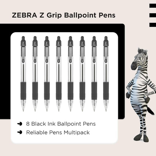Z Grip Black Ballpoint Pens with Pocket Clip 8Pk, Retractable Black Ink Ballpoint Pens, Reliable Black Biro Pens Multipack for Everyday Use Design, New Pack Size 8Pk