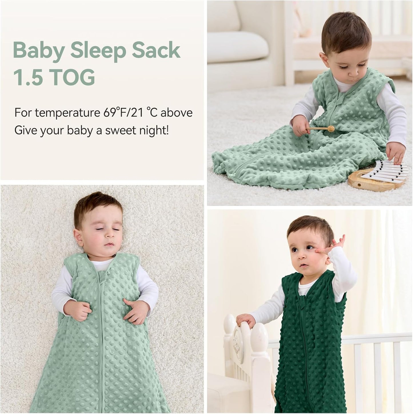 Baby Sleeping Bag 1.5 Tog with Plush Dots Sleep Bag 2 Pack Baby Sleep Sack Wearable Blanket for Infant Toddler 12-18 Months Forest Green