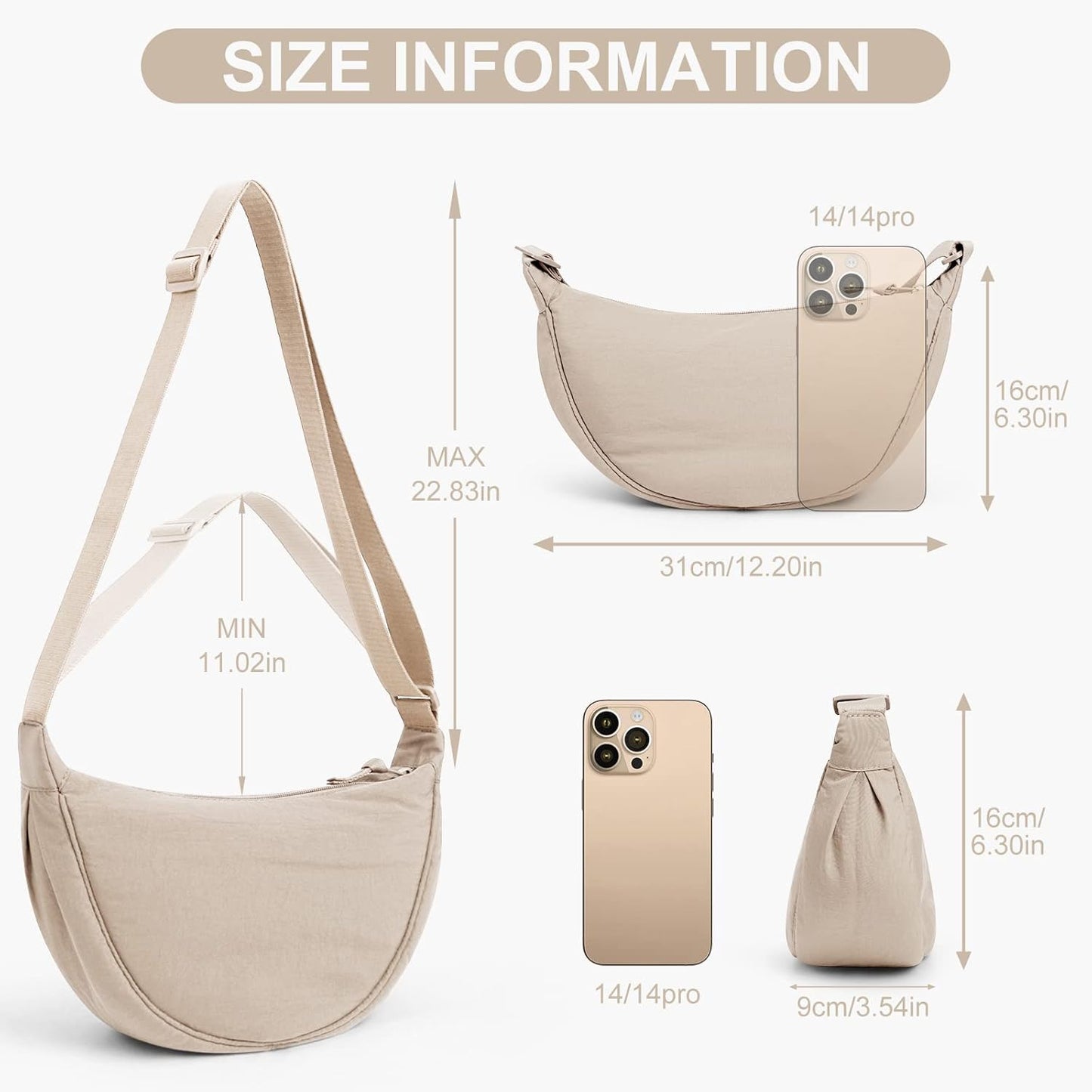 Crescent Bag for Women Men, Nylon Crescent Bags Hobos Crossbody Bag Portable Crescent Purse with Adjustable Strap Solid Color Chest Bag Shoulder Bag Fanny Packs, A02-Beige, 31Cm