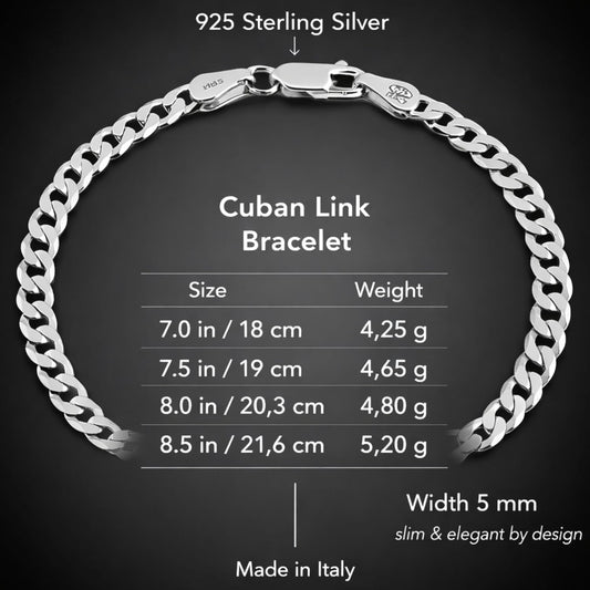 Cuban Link Bracelet for Men 925 Sterling Silver Diamond-Cut 5Mm - 7 to 8.5 Inches - Handmade in Italy - Gift Box Included