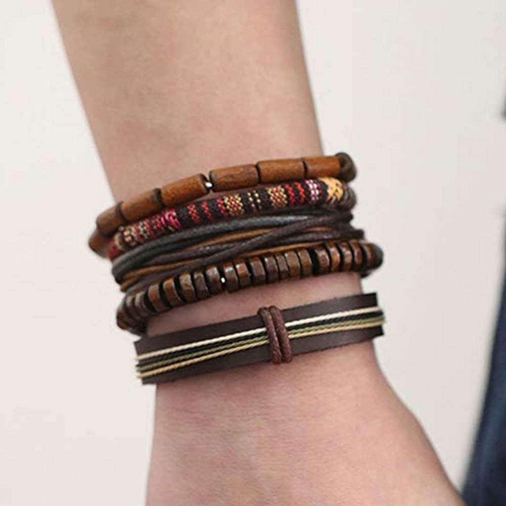 Unisex Mixed Bracelets Adjustable Handmade Multi Strand Braided Cowhide Bracelets Woven Leather Wristbands Wooden Beads Bracelet Wrist(1Set of 5 Pcs)