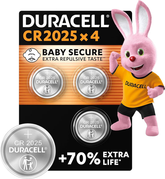 2025 Lithium Coin Batteries 3V (4 Pack) - up to 70% Extra Life - Baby Secure Technology - for Use in Key Fobs, Fitness Watches and 3D Glasses - Baby Secure Packaging