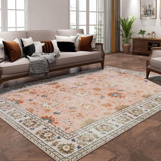 Machine Washable Rug Vintage Area Rug for Living Room Non-Slip Traditional Rug Carpet for Office Kitchen Dining Blush 120X170Cm