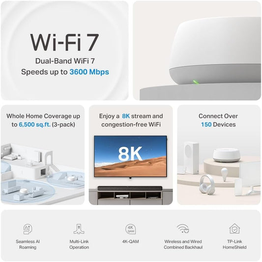 Deco Be3600(3-Pack) Mesh Wifi 7 System, Dual-Band AI Roaming Router, MLO, 4K-QAM, Homeshield, Whole Home Coverage, 150+ Devices Connection, Extender Booster, VPN, Google Home/Alexa