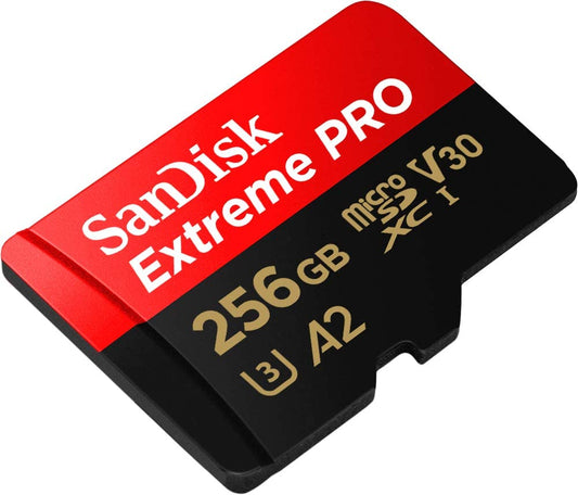 Extreme PRO Micro SD Card 256GB + SD Adapter (For Smartphones, Action Cams, Drones, Speeds up to 200 Mb/S, A2 App Performance + Rescuepro Deluxe UHS-I, Class 10, U3)