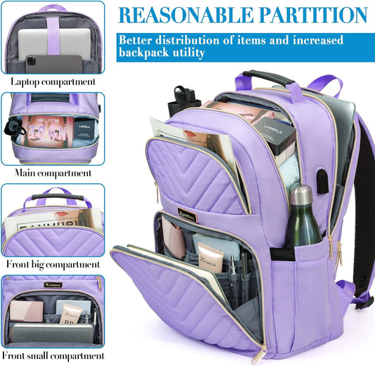 Laptop Backpack for Women, School Backpack for Teens, 15.6 Inch Large Fashion College Bookbag for Girls with Charging Port, Women Work Travel Back Pack Purse Casual Daypacks, Purple