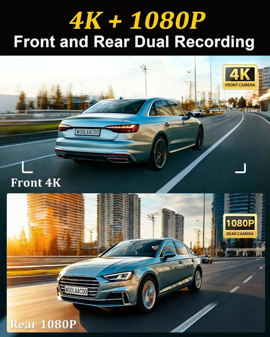 Dash Cam Front and Rear 4K+1080P, 5Ghz Wifi, Dual Dashcam with 64GB Card, App Control, G-Sensor Emergency Recording, Loop Recording, 24H Parking Mode Supports, Dash Camera for Cars