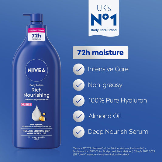 Rich Nourishing Body Lotion (625Ml), Rich 72H Hydration Moisturiser for Dry Skin Made with Deep Moisture Serum and Almond Oil, Extra Large Body Lotion