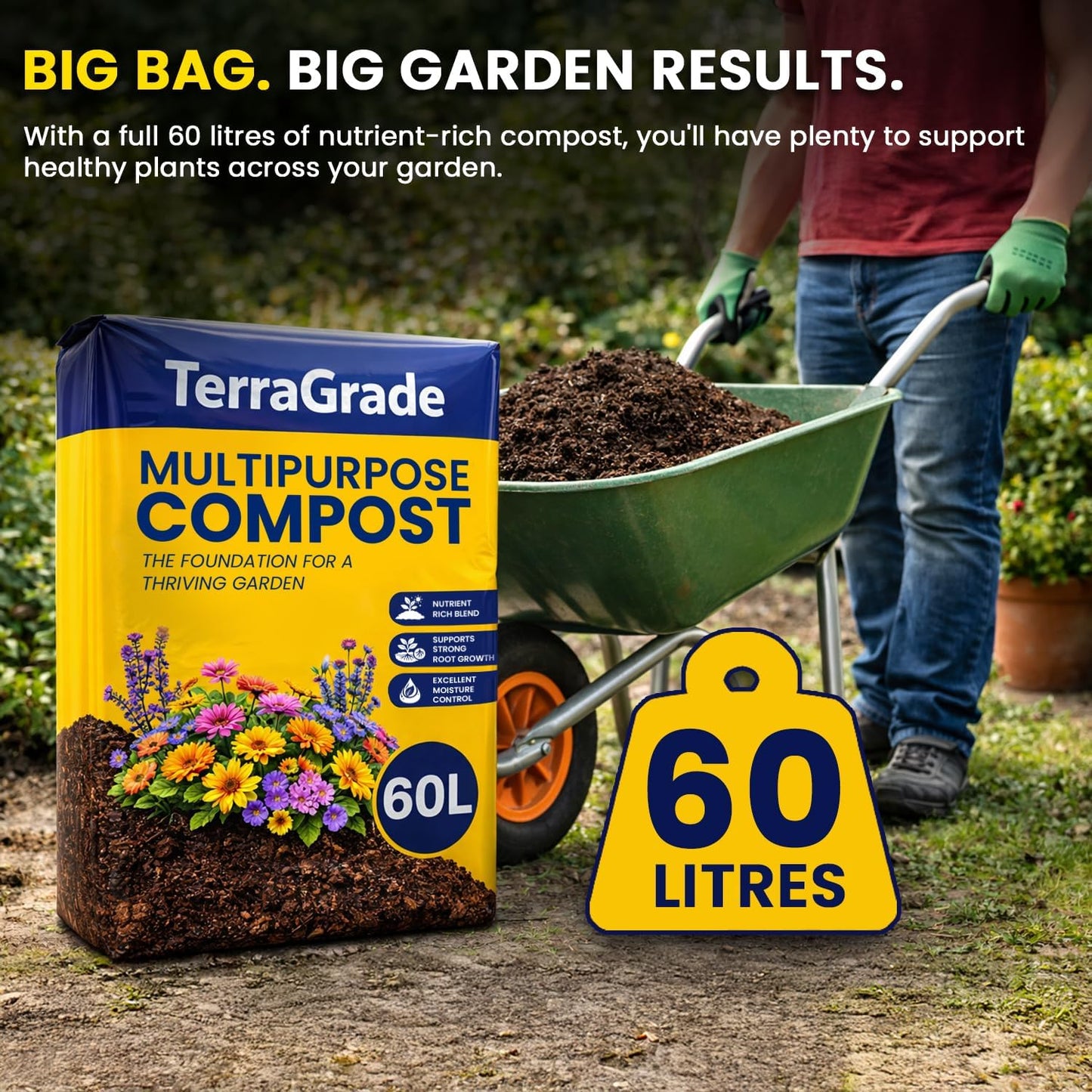 Terragrade Multipurpose Compost 60L | Premium Potting & Garden Soil for Indoor & Outdoor Plants | Nutrient Rich Compost for Vegetables, Seeds, Seedlings & Houseplants | Moisture Retentive Root Boostin
