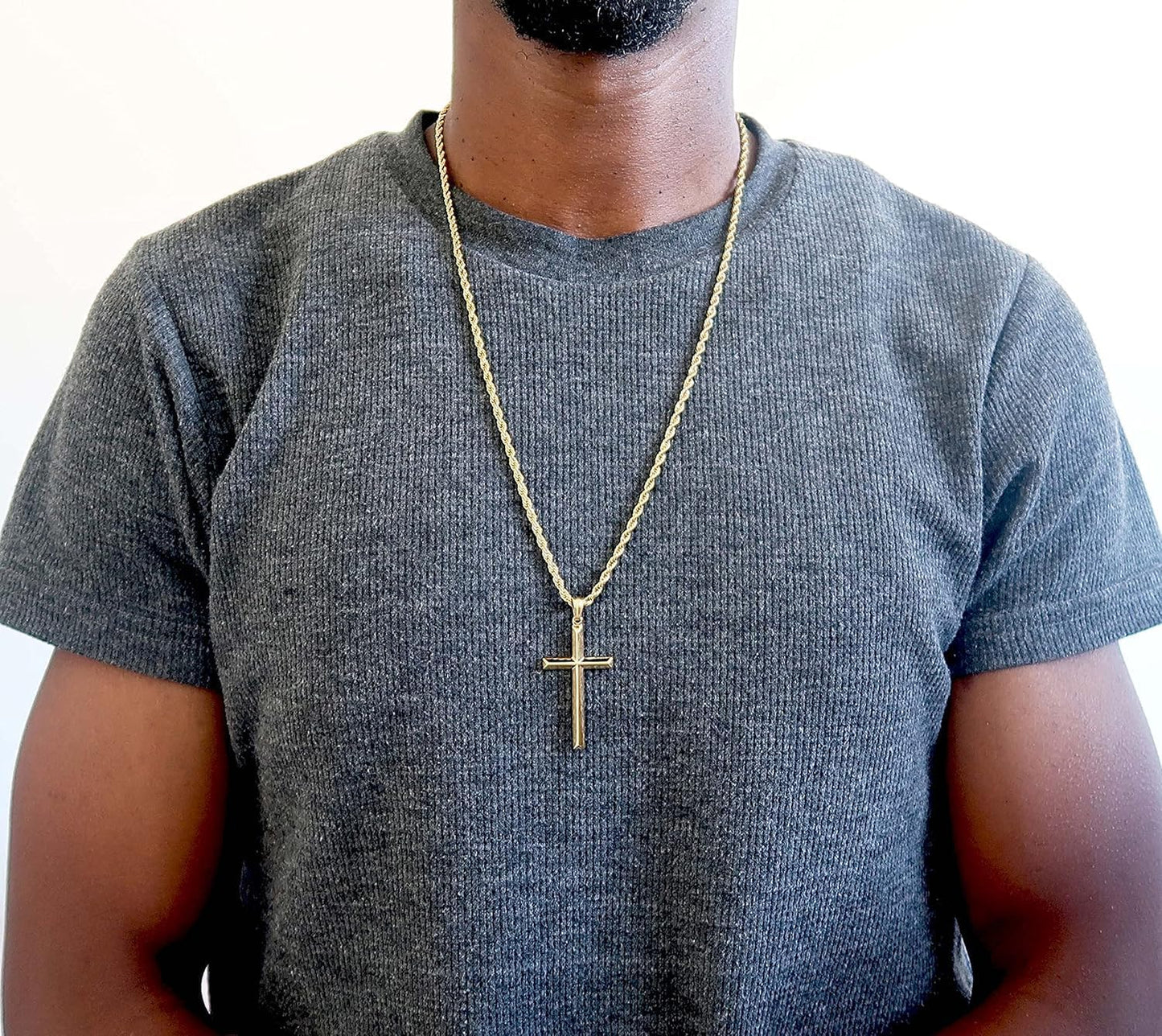 18K Gold Chain Cross Pendant Necklace for Men, Women 3MM Rope Cuban Curb Chain W/Real Strong Solid Clasp Gift for Husband, Wife Religious Beveled Edges