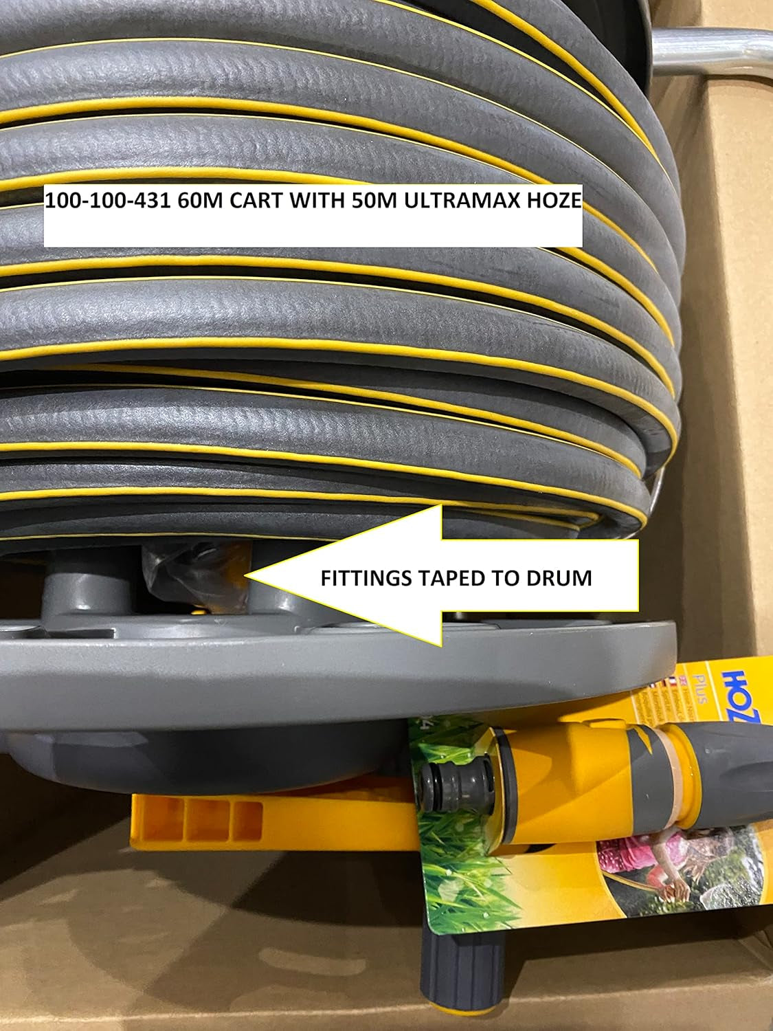 - Cart plus 50M of Ultramax Hose (12.5 Mm): Max Capacity 60M, Rewind Handle, Sturdy Frame for General Use, Supplied Assembled, Nozzle and Fittings Included, Grey