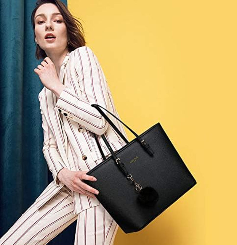 Women Handbag Tote Bag, 15.6 Inch PU Leather Shoulder Bag Laptop Bags with Adjustable Handle, Lightweight Stylish Designer Large Black Handbags for School Work Travel