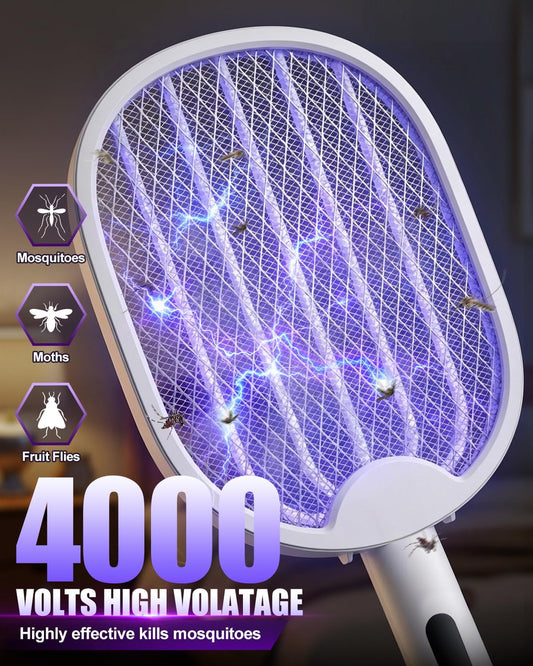 Fly Zapper, Foldable Electric Mosquito Swatter 4000V, 1800Mah Rechargeable Bug Zapper Racket with Auto & Manual Mode, 180° Portable Mosquito Killer, Safe 3-Layer Mesh for Indoor & Outdoor Use