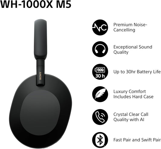 WH-1000XM5 Hard Case Premium Noise Cancelling Wireless Over-Ear Headphones, Bluetooth, Clear Call Quality, Hi-Res Audio, up to 30Hr Battery Life, Includes Hard Case, Ios & Android - Black