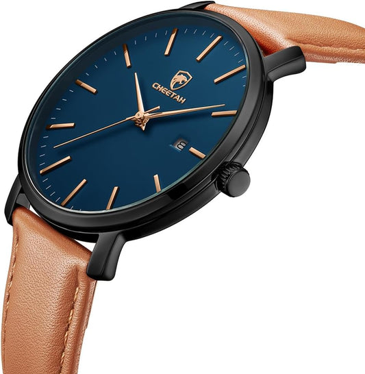 Minimalist Mens Watches, Analog Quartz Waterproof Fashion Watch for Men with Leather Strap, Auto Date Sports Man Wrist Watch