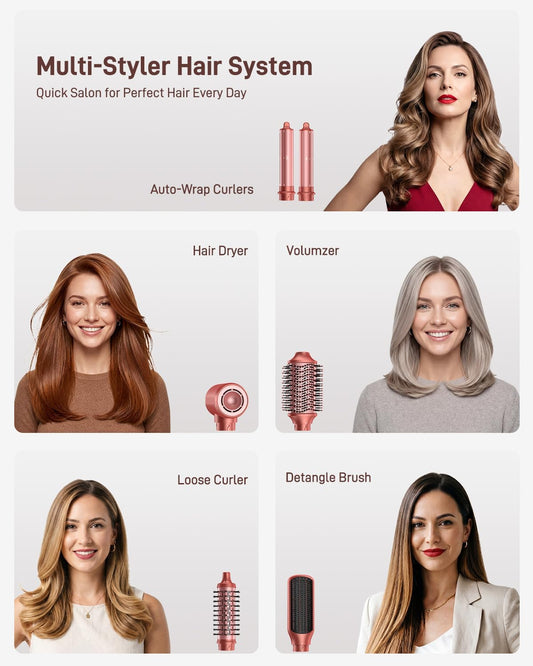 6 in 1 Air Styler, Hair Dryer Brush & Curling Wand, Fast Drying, Automatic Curler, No Heat Damage, Straightening & Volumising with Storage Bag, Perfect as a Gift