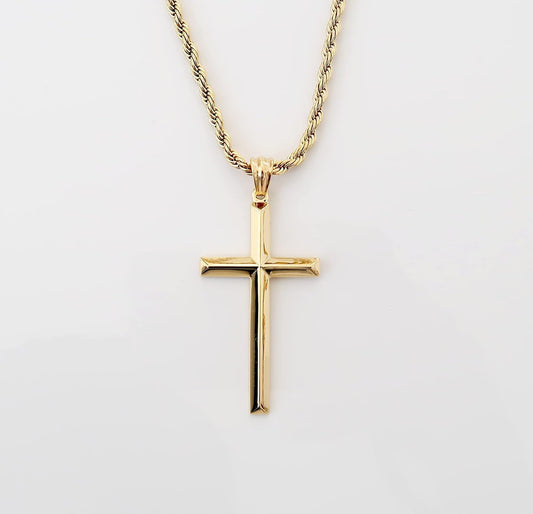 18K Gold Chain Cross Pendant Necklace for Men, Women 3MM Rope Cuban Curb Chain W/Real Strong Solid Clasp Gift for Husband, Wife Religious Beveled Edges