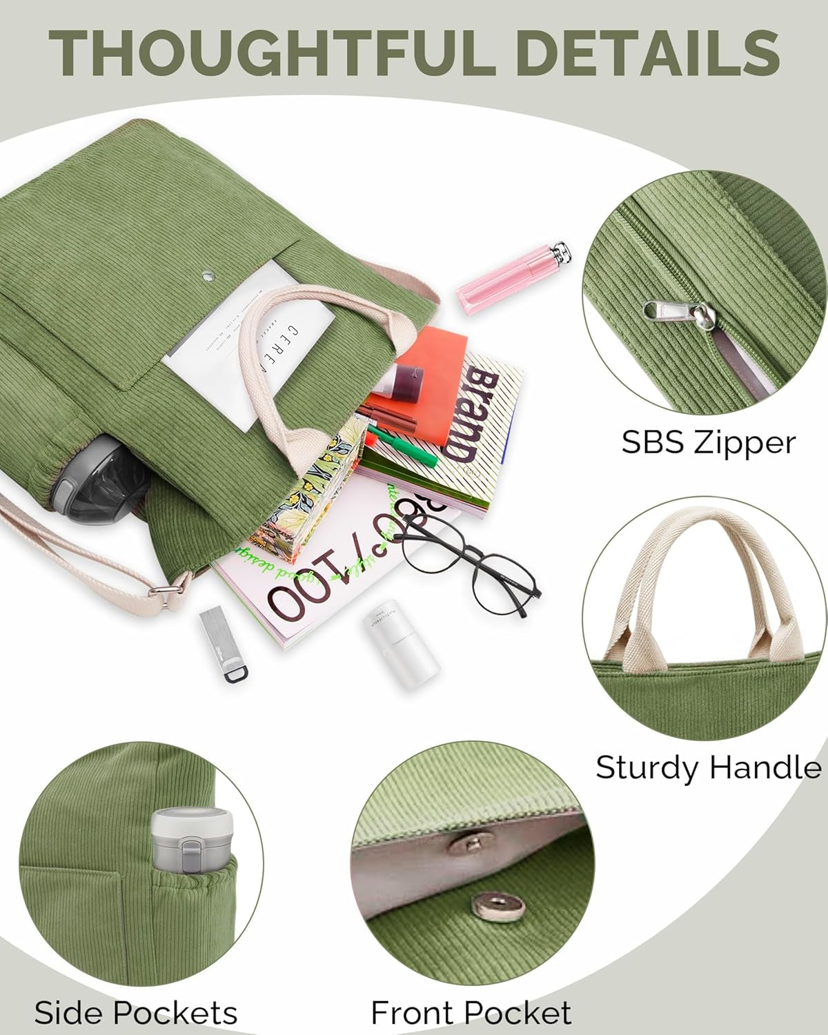 Corduroy Tote Bag for Women with Zipper, Large Capacity Shoulder Bags with Adjustable Strap and Pockets Waterproof Handbag for Work School Shopping Travel College
