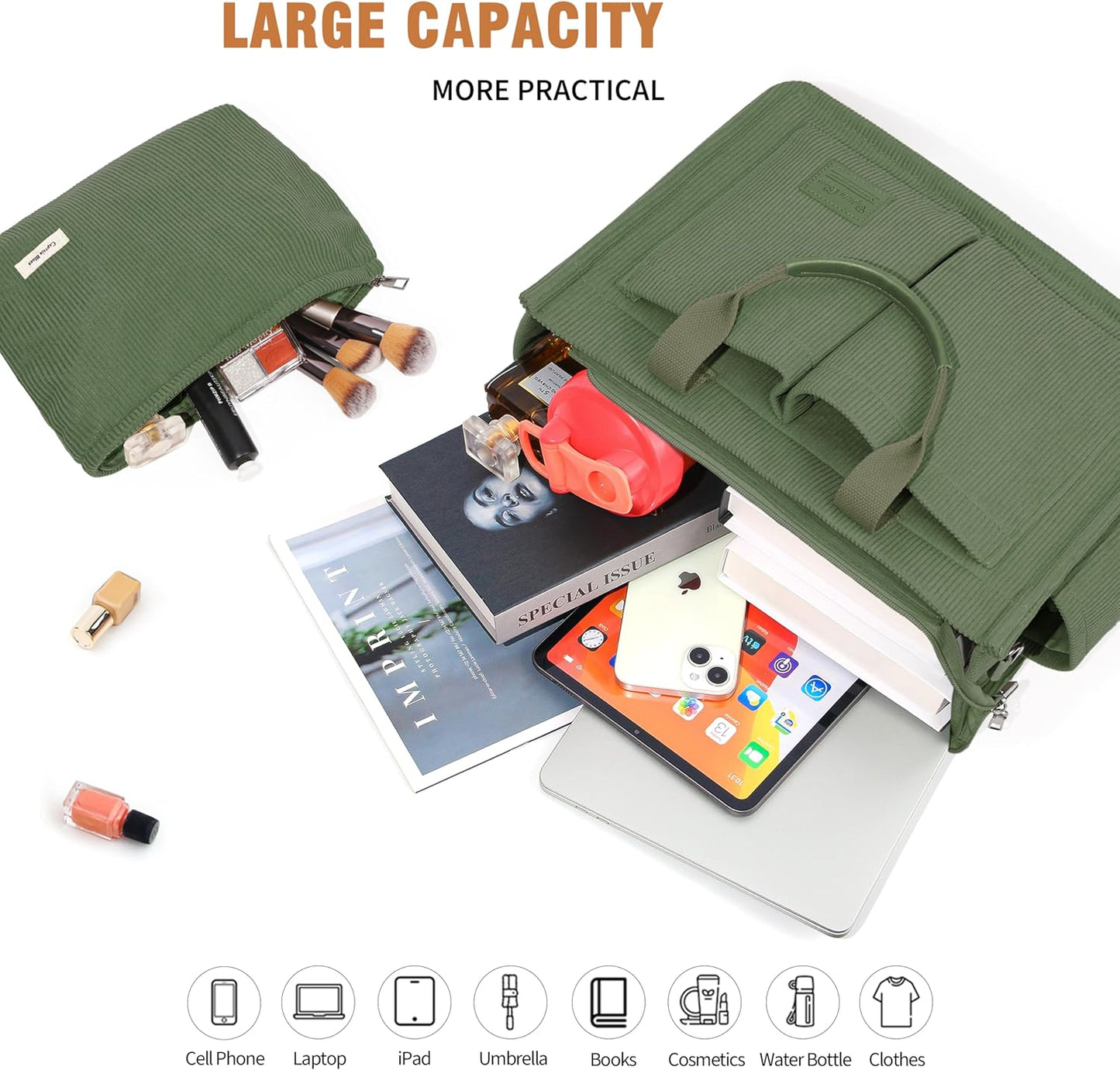 Corduroy Tote Bags for Women with Zipper, Large Capacity Work Bags Shoulder for School, Travel, College, Teacher with Adjustable Strap & Pockets