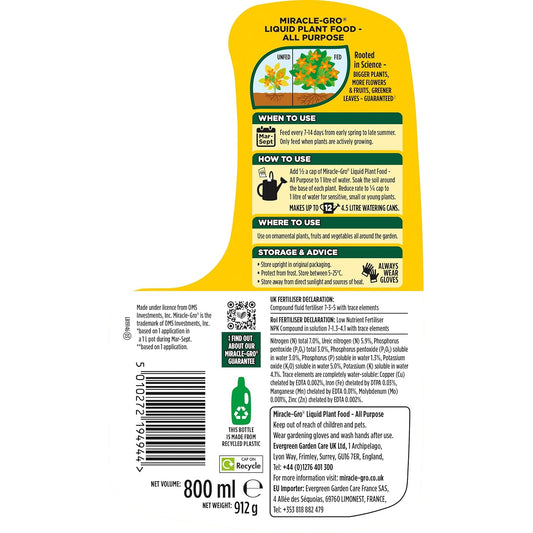 Miracle Gro All Purpose Concentrated Liquid Plant Food, 800Ml