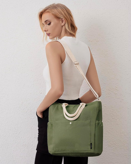 Corduroy Tote Bag for Women with Zipper, Large Capacity Shoulder Bags with Adjustable Strap and Pockets Waterproof Handbag for Work School Shopping Travel College