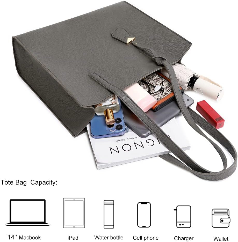 Women'S Tote Bag Large Handbag Soft Leather Simple Shoulder Bag with Zipper for School Work Leisure (A-Grey)