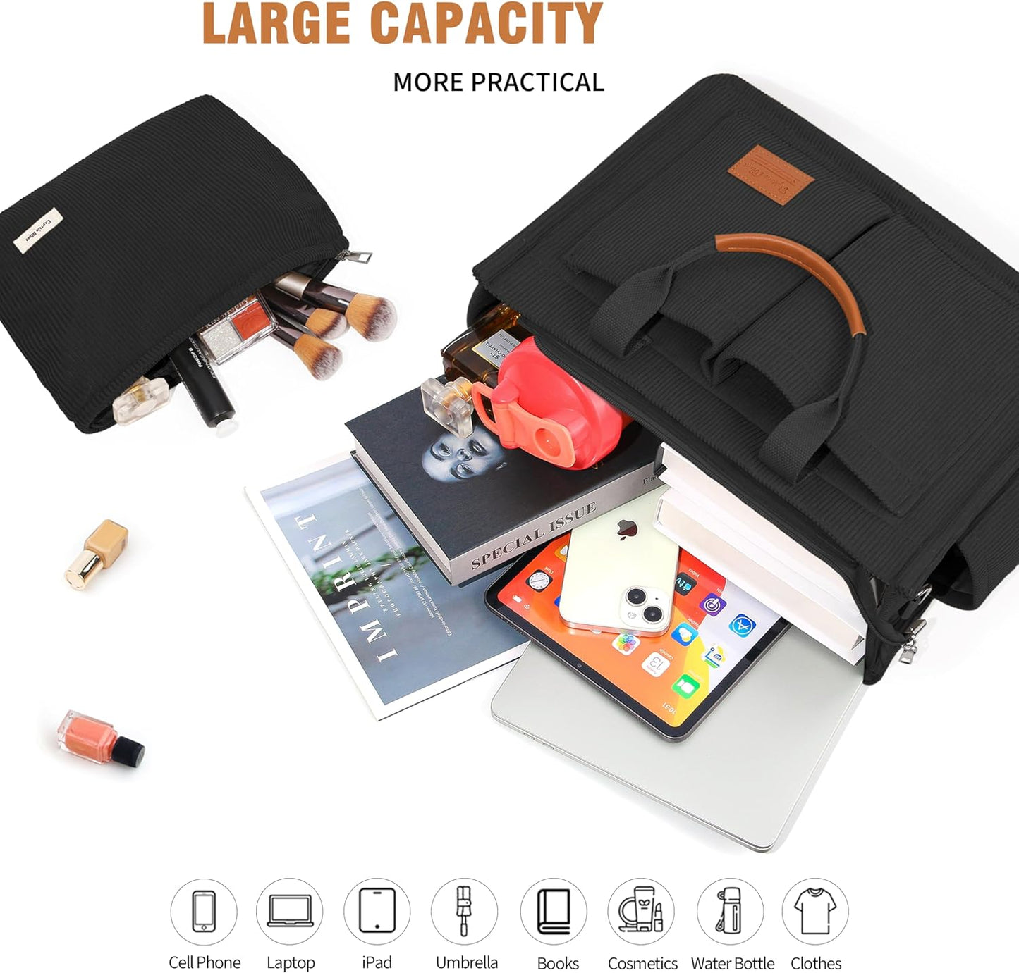 Corduroy Tote Bags for Women with Zipper, Large Capacity Work Bags Shoulder for School, Travel, College, Teacher with Adjustable Strap & Pockets