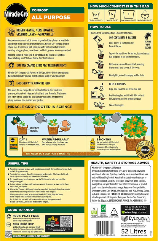 Peat-Free Premium All Purpose Compost 52L, Multi-Purpose Garden Soil Mix for Pots, Containers, Hanging Baskets & Outdoor Plants
