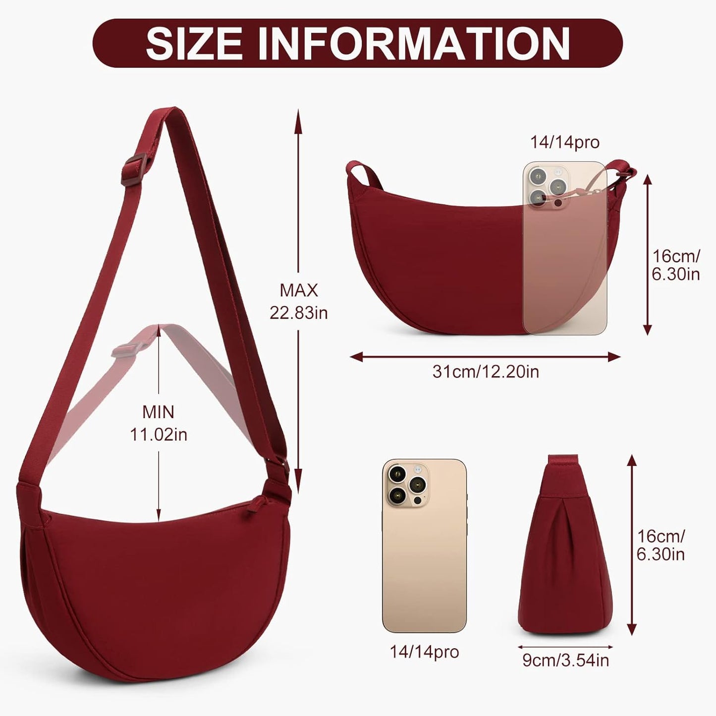 Crescent Bag for Women Men, Nylon Crescent Bags Hobos Crossbody Bag Portable Crescent Purse with Adjustable Strap Solid Color Chest Bag Shoulder Bag Fanny Packs, A07-Wine Red, 31Cm