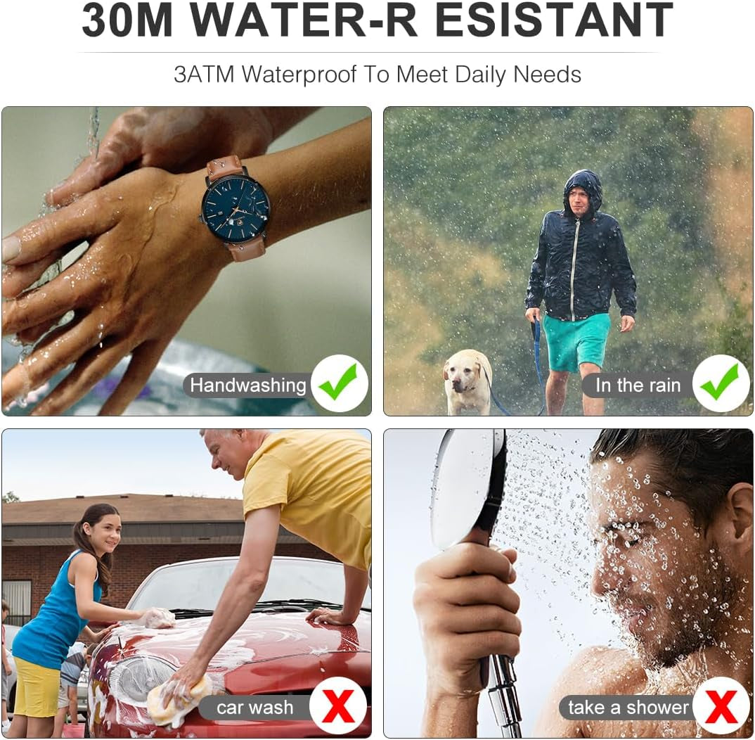 Minimalist Mens Watches, Analog Quartz Waterproof Fashion Watch for Men with Leather Strap, Auto Date Sports Man Wrist Watch