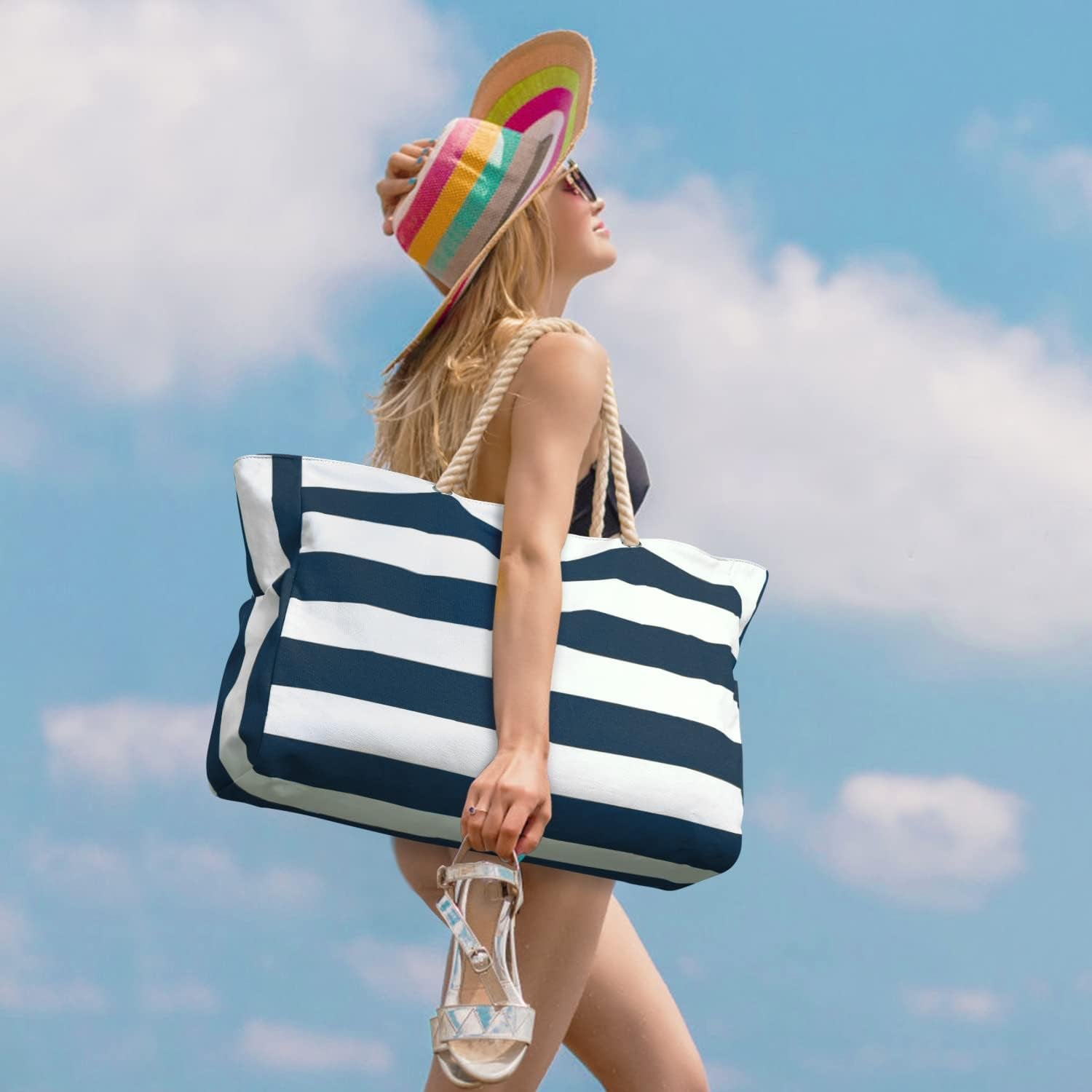Beach Bag Large Waterproof Beach Tote Bags with Zip and Rope Handle Summer Holiday Essentials Shoulder Handbags for Travel Shopping Pool Gym Picnic
