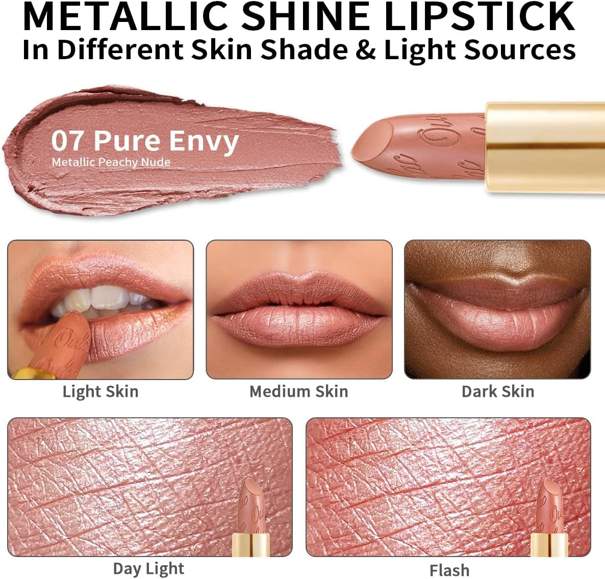 Metallic Shine Glitter Lipstick, Nude High Impact Lipcolor, Brown Soft and Ultra Hydrating, Long Lasting, Vegan & Cruelty-Free, Full-Coverage Lip Color 4.3 G/0.15 Oz Pure Envy(07)