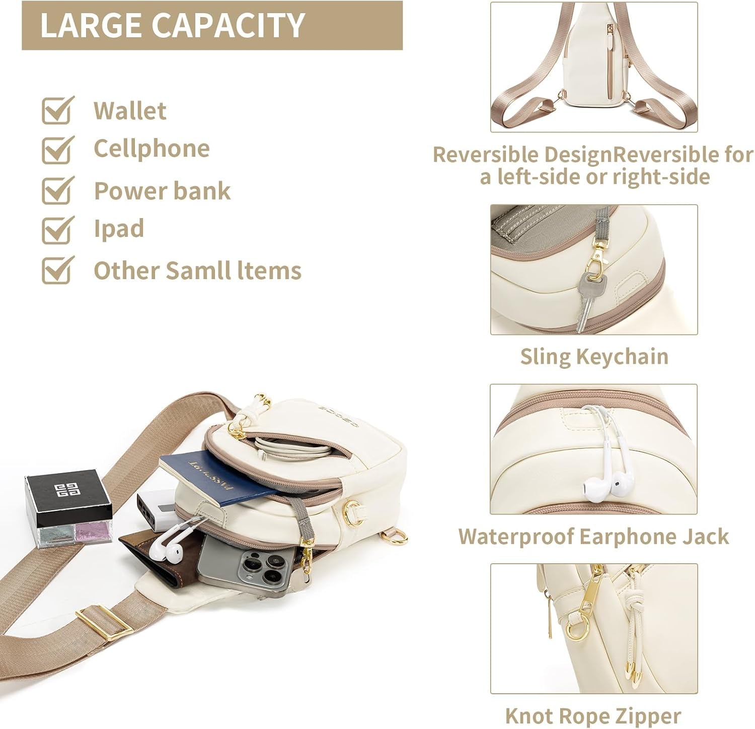 Crossbody Bag with Anti-Theft Crossbody Bag Women Rfld Pocket, Small Shoulder Bag with Anti-Theft Zipper Clips, Adjustable Strap, Perfect for Shopping and Travel（White）