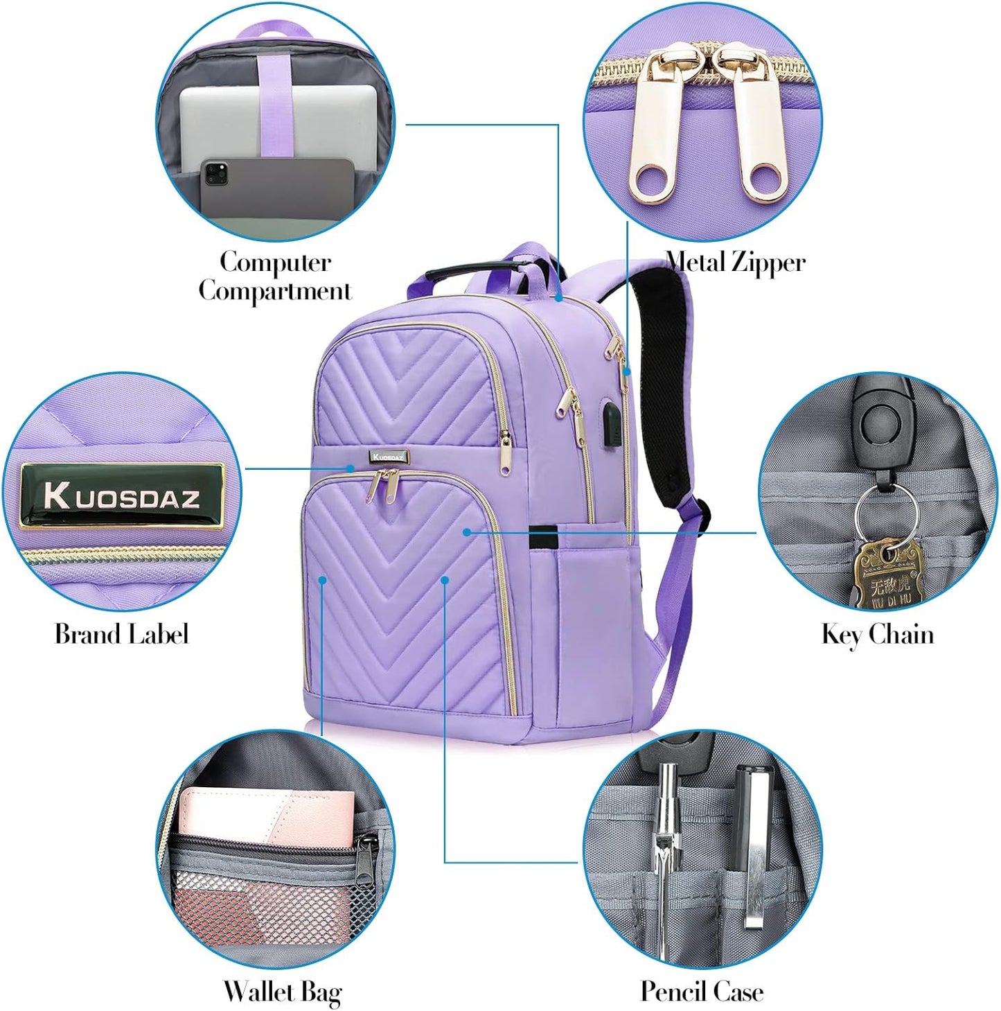 Laptop Backpack for Women, School Backpack for Teens, 15.6 Inch Large Fashion College Bookbag for Girls with Charging Port, Women Work Travel Back Pack Purse Casual Daypacks, Purple