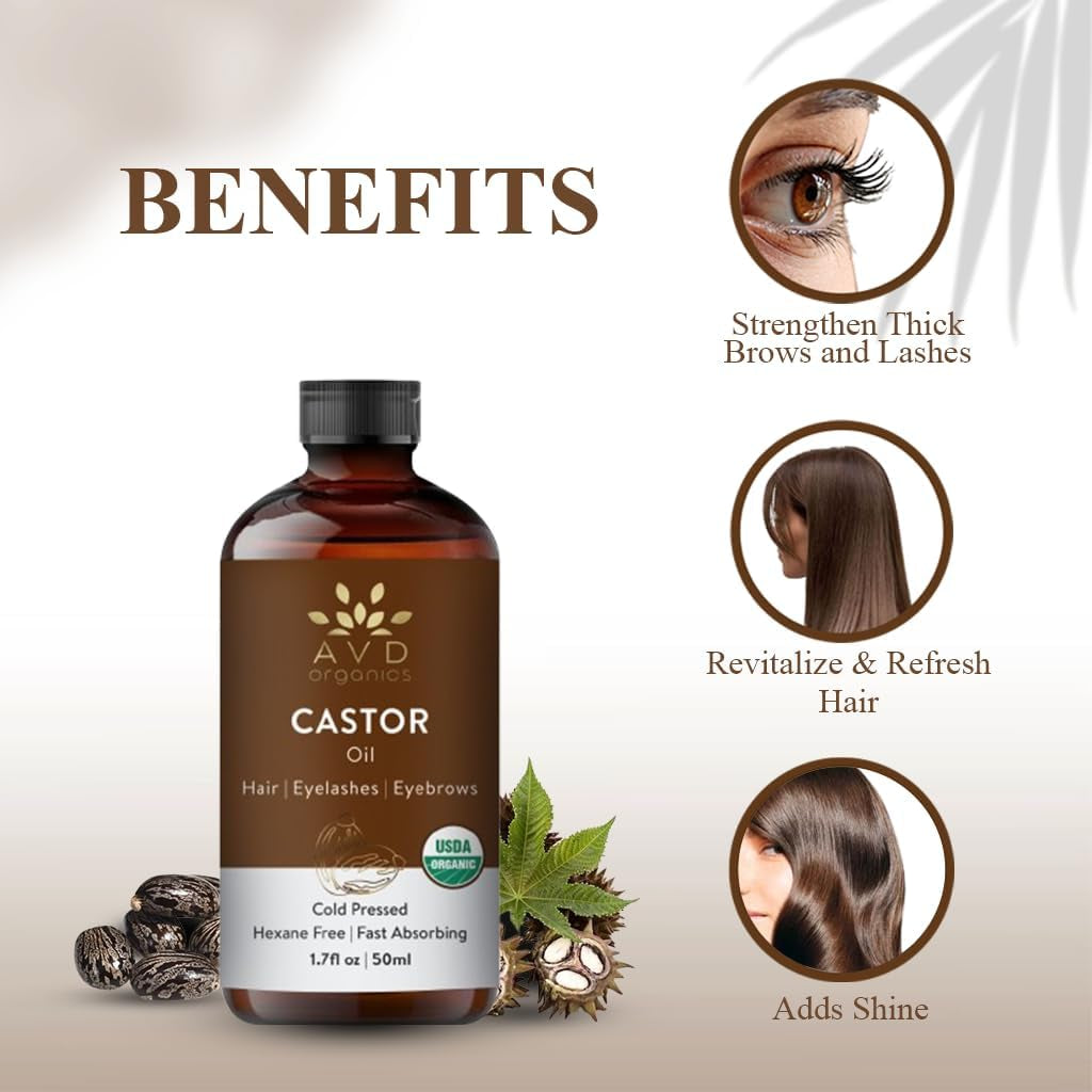 Castor Oil 50Ml | USDA Certified Organic | 100% Pure & Hexane Free | Cold Pressed Castor Oil for Eyelashes, Eyebrows & Hair Growth | with Eyebrow & Eyelash Brush – 1.7 Fl Oz