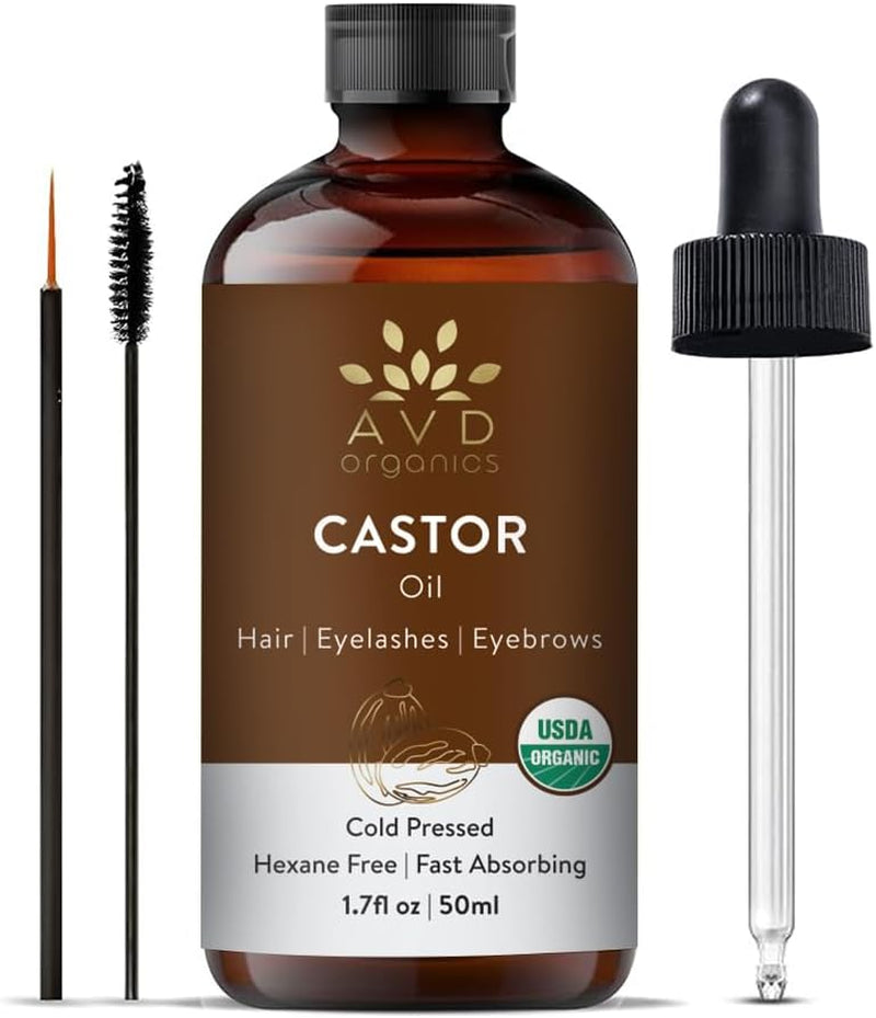 Castor Oil 50Ml | USDA Certified Organic | 100% Pure & Hexane Free | Cold Pressed Castor Oil for Eyelashes, Eyebrows & Hair Growth | with Eyebrow & Eyelash Brush – 1.7 Fl Oz