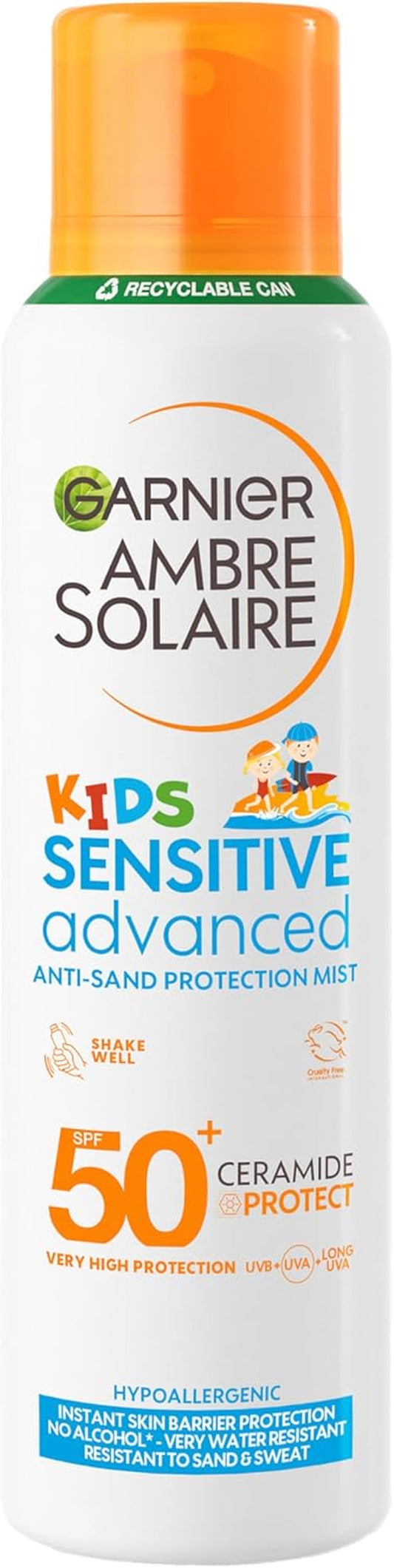 Ambre Solaire Sun Cream SPF 50+ Sensitive Advanced Kids Anti-Sand Sun Protection Mist Spray, Very High Protection UVA & UVB, Water Resistant, for Face & Body, Cruelty Free 150Ml