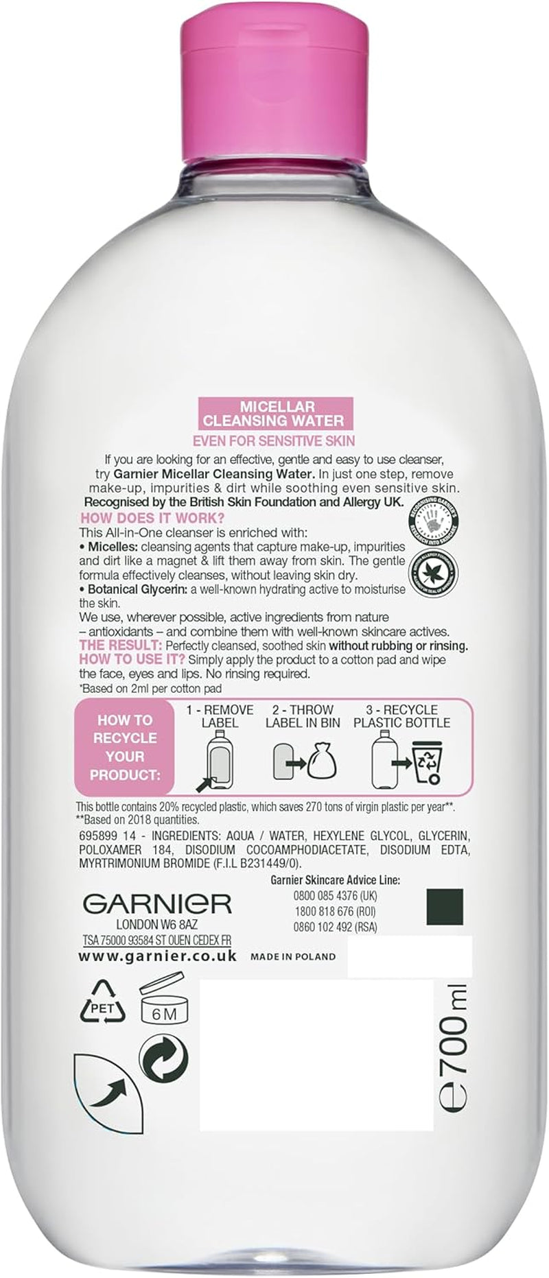 Micellar Cleansing Water 700Ml, Gentle Face Cleanser & Make up Remover, Suitable for All Skin Types Including Sensitive Skin, Soothing Formula, Dermatologically Tested