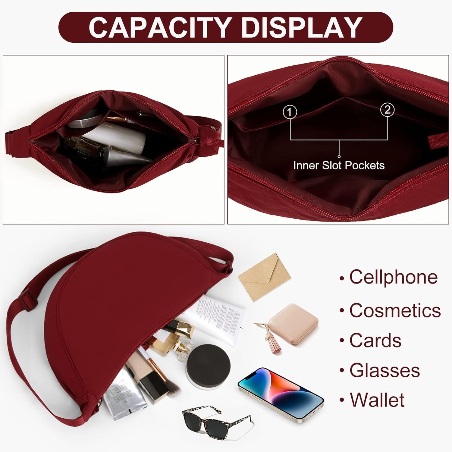 Crescent Bag for Women Men, Nylon Crescent Bags Hobos Crossbody Bag Portable Crescent Purse with Adjustable Strap Solid Color Chest Bag Shoulder Bag Fanny Packs, A07-Wine Red, 31Cm