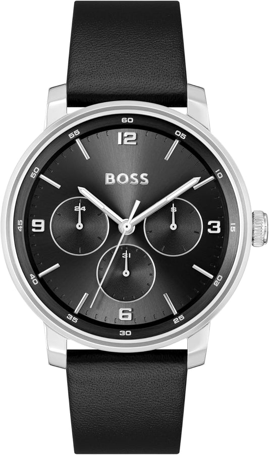 BOSS Analogue Multifunction Quartz Watch for Men CONTENDER Collection with Black or Brown Leather Strap