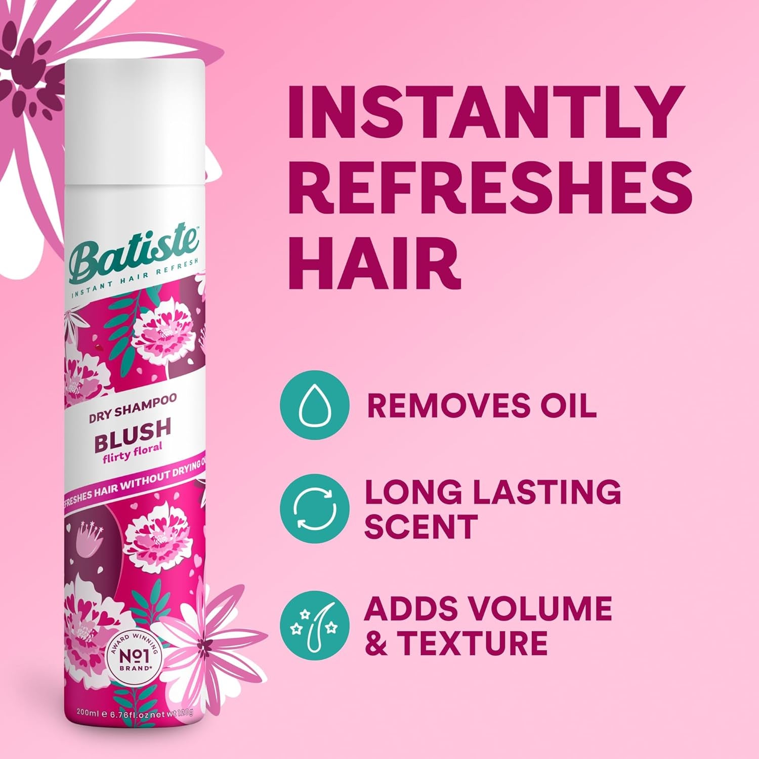 Dry Shampoo in Blush 200Ml, Floral & Flirty Fragrance, No Rinse Spray to Refresh Hair in between Washes (Packing May Vary)