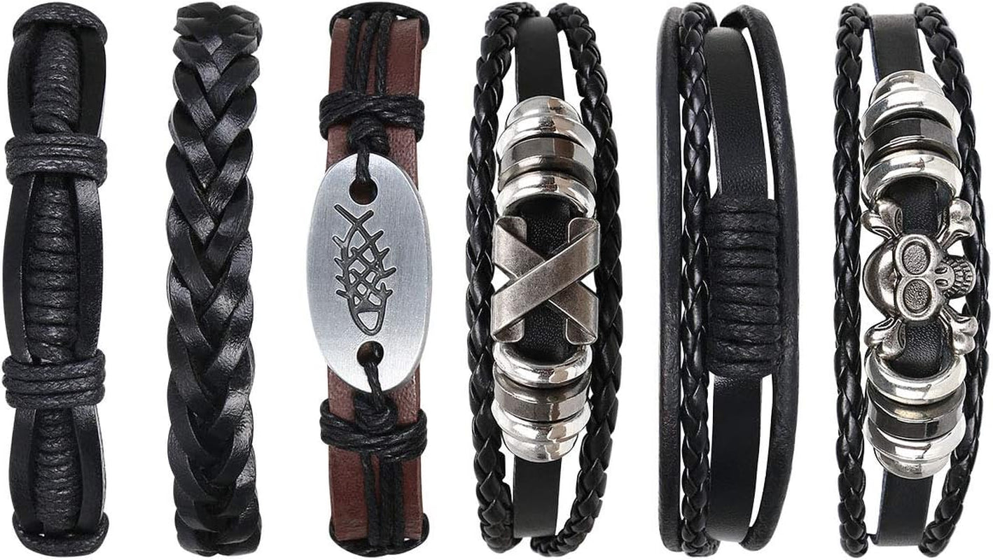 Leather Bracelet, 6Pcs Adjustable Fashion Punk Braided Men & Women Rope Bracelet Cuff Vintage Bracelets Wrap Set Series
