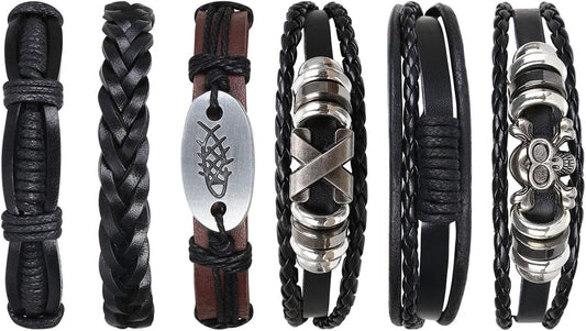 Leather Bracelet, 6Pcs Adjustable Fashion Punk Braided Men & Women Rope Bracelet Cuff Vintage Bracelets Wrap Set Series