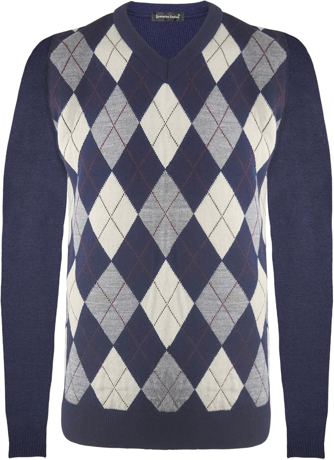 New Men Knitted Long Sleeve Classic V-Neck Argyle Pattern Jumper Top Sweater with Ribbed Edge S-XXL