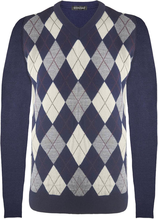 New Men Knitted Long Sleeve Classic V-Neck Argyle Pattern Jumper Top Sweater with Ribbed Edge S-XXL