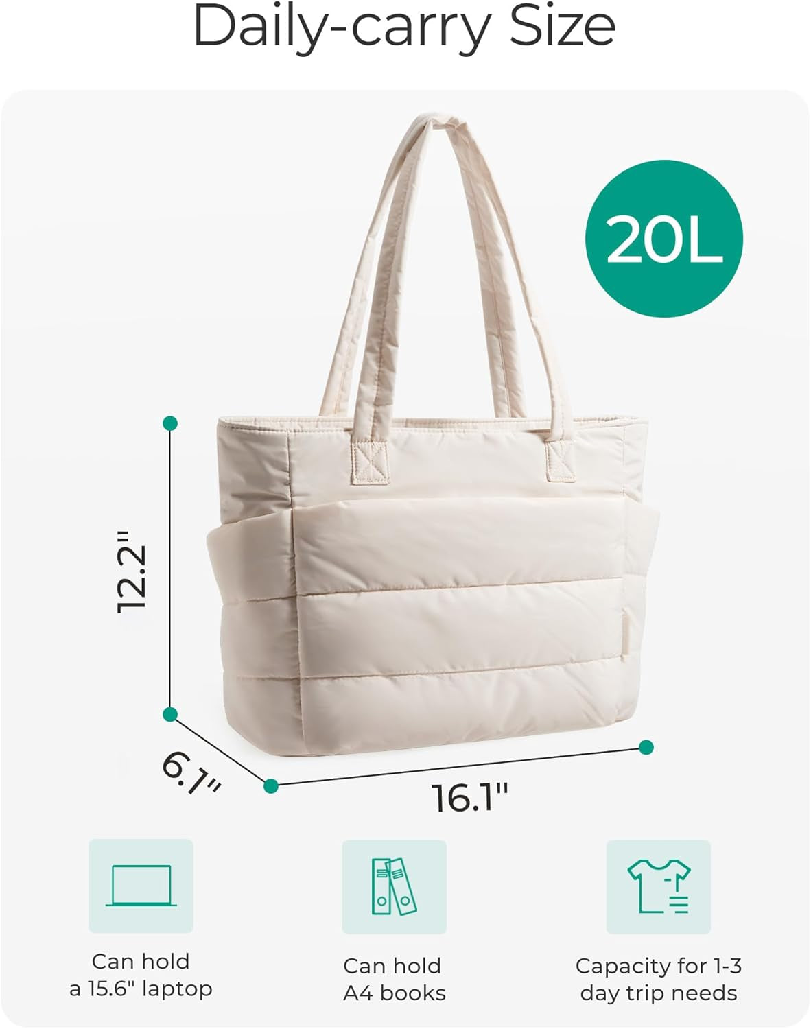 Women'S Puffer Tote Bag, 20L Lightweight Handbag with 15.6 Inch Padded Laptop Compartment, Shoulder Bag for Work Travel School Gym Teacher