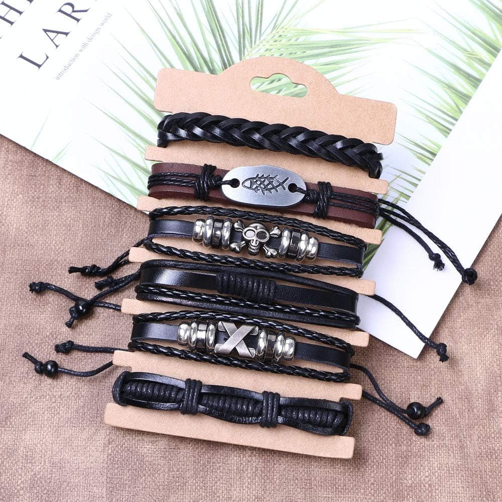 Leather Bracelet, 6Pcs Adjustable Fashion Punk Braided Men & Women Rope Bracelet Cuff Vintage Bracelets Wrap Set Series