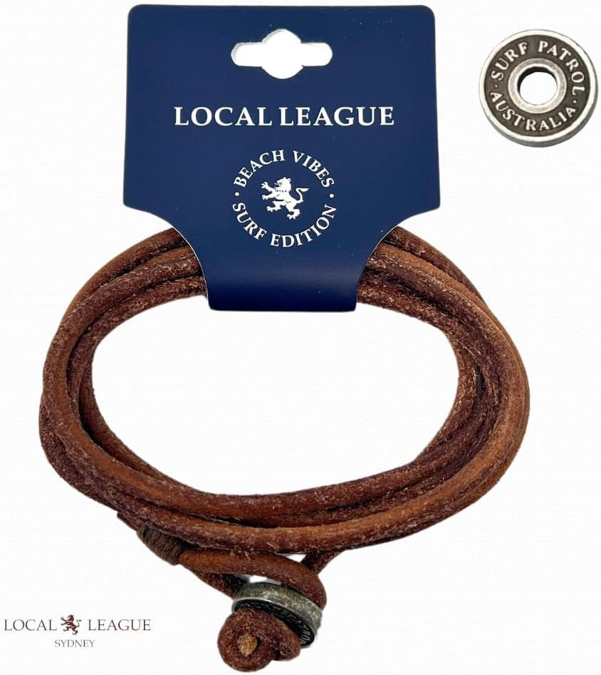 Mens Leather Wrap Bracelet SURF PATROL AUSTRALIA - Fully Adjustable - Multilayer Cord Wristband BLACK/BROWN for Men, Boys, Women, Braided Rope BEACH Party Festival Holidays Boyfriend