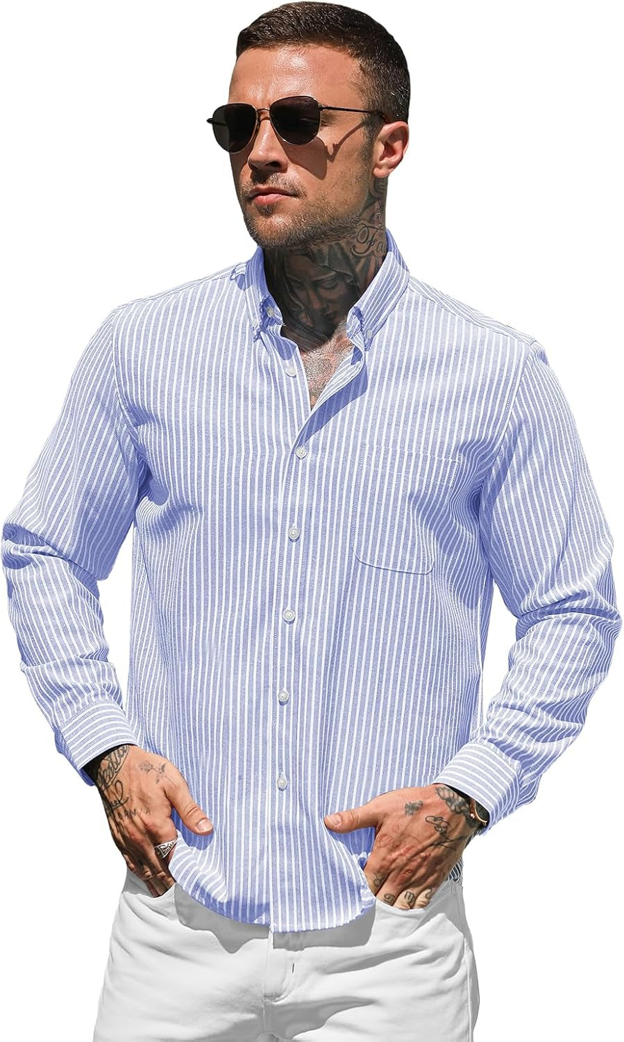 Men'S Long Sleeve Oxford Shirts Casual Business Classic Striped Shirt 100% Cotton Non Iron Button down Shirt with Pocket